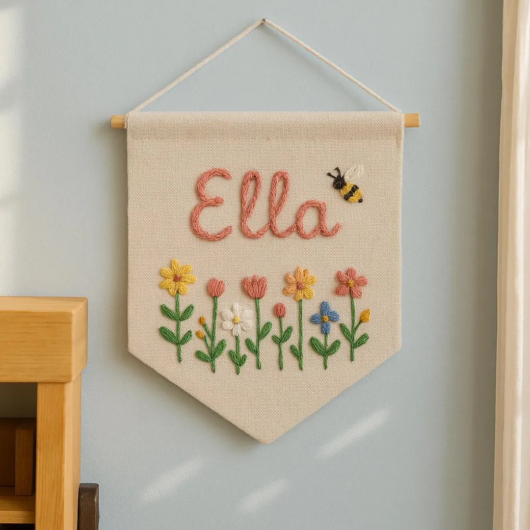 Custom Name Embroidery Wall Hanging Banner, Hand Embroidered Linen Flag, Newborn/kids Room Decor,... | Etsy (US)