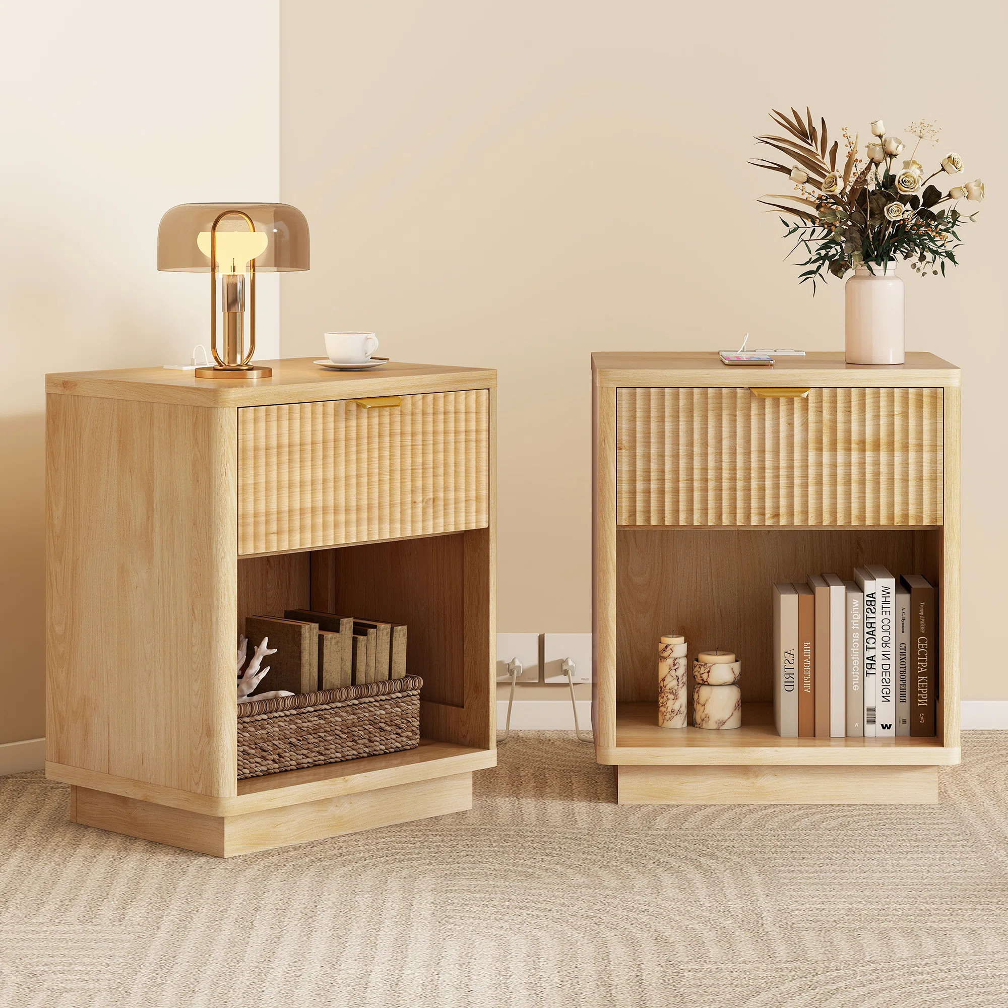 Nightstand Set of 2 with Charging Station, Modern Fluted Wood Bed Side Table Set of 2, Natural | Wayfair North America