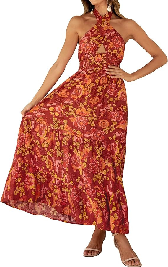 ZESICA Women's 2024 Summer Crossover Halter Neck Sleeveless Plaid Cut Out Backless Flowy A Line M... | Amazon (US)