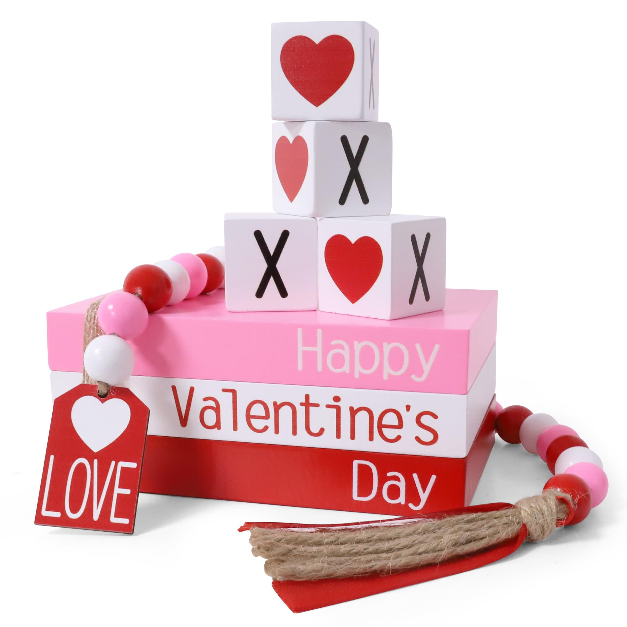 Valentine's Day Decoration, Valentines Wood Book Stack with 4 XOXO Signs & Beads Garland, Valenti... | Amazon (US)