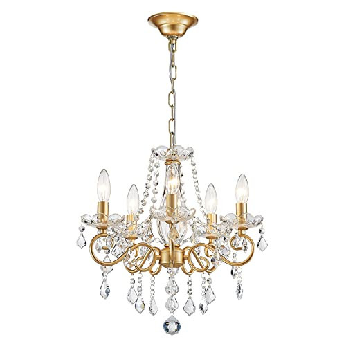 ANJIADENGSHI Mini Crystal Chandelier K9 Crystal Gold Chandelier for Living Room Bedroom Dining Room Kitchen Island Entryway 5 E12 Bulbs High 16.5 in x Diameter 16.9 in, Golden | Amazon (US)