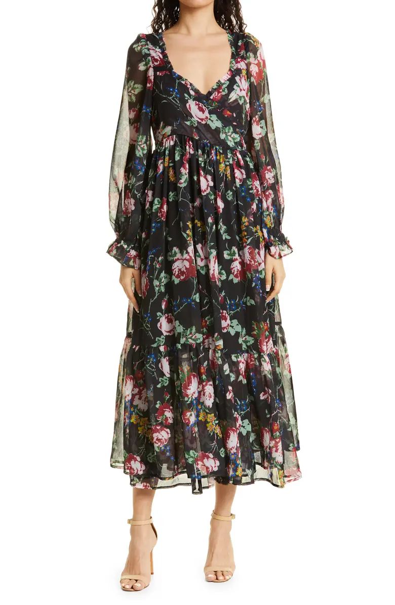 Floral Wrap Bodice Long Sleeve Chiffon Dress | Nordstrom