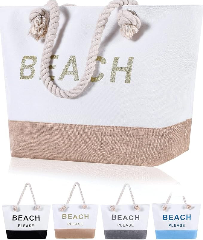 Large Canvas Beach Tote Bag with Zipper Women Swim, Travel, Shopping, Gym and Beach Holiday Cruis... | Amazon (US)