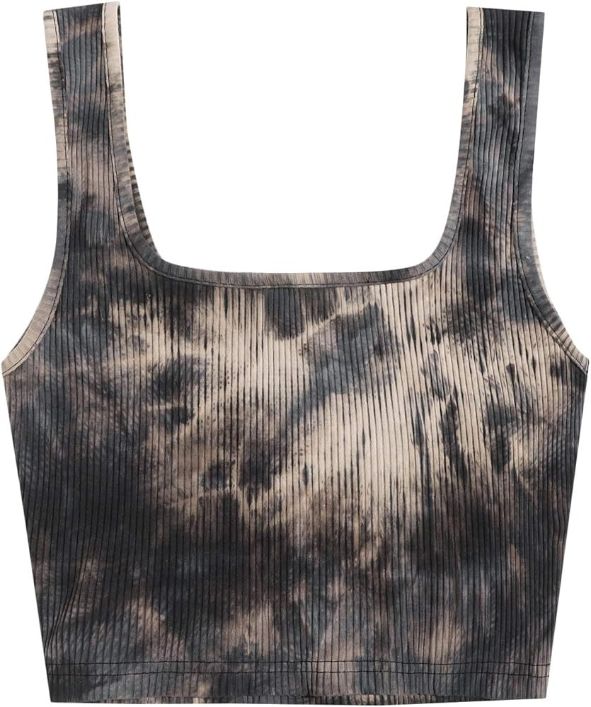 SheIn Women's Square Neck Tie Dye Crop Top Sleeveless Ribbed Knit Tank Top | Amazon (US)