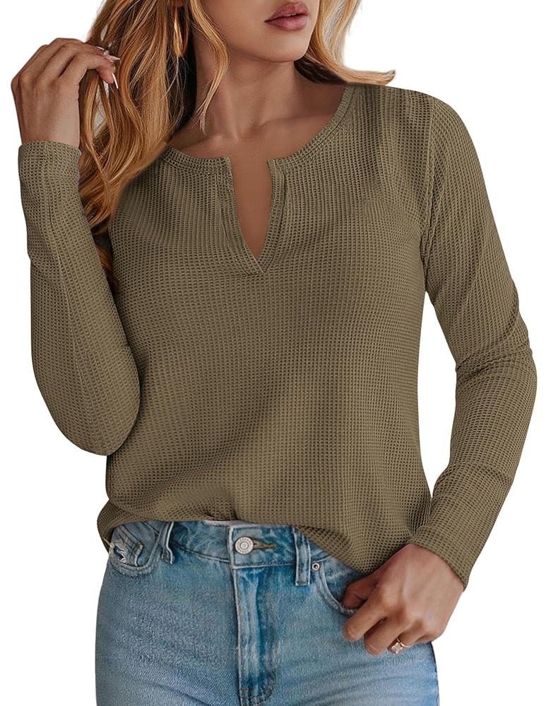 PRETTYGARDEN Long Sleeve Shirts for Women 2025 Fall V Neck Waffle Basic Tee Dressy Casual Winter ... | Amazon (US)