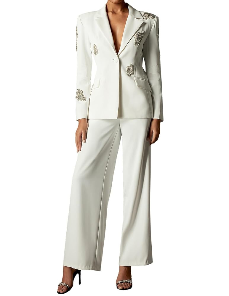 White Diamante blazer And Pants Set, Bridal Outfit | Amazon (US)