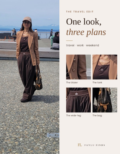 One look, three plans 🤎 Airport in the morning, a meeting in the afternoon, a walk by the water before dinner. The trick is a matching Alo set in espresso brown: comfy enough for a flight, and a structured camel blazer makes it office-ready in two seconds. Add a cap and a classic bag and you're out the door. Tap to shop, sizes noted on each item.

#LTKTravel #LTKOver40 #LTKootd · #travelstyle #matchingset #camelblazer #over40style 

 