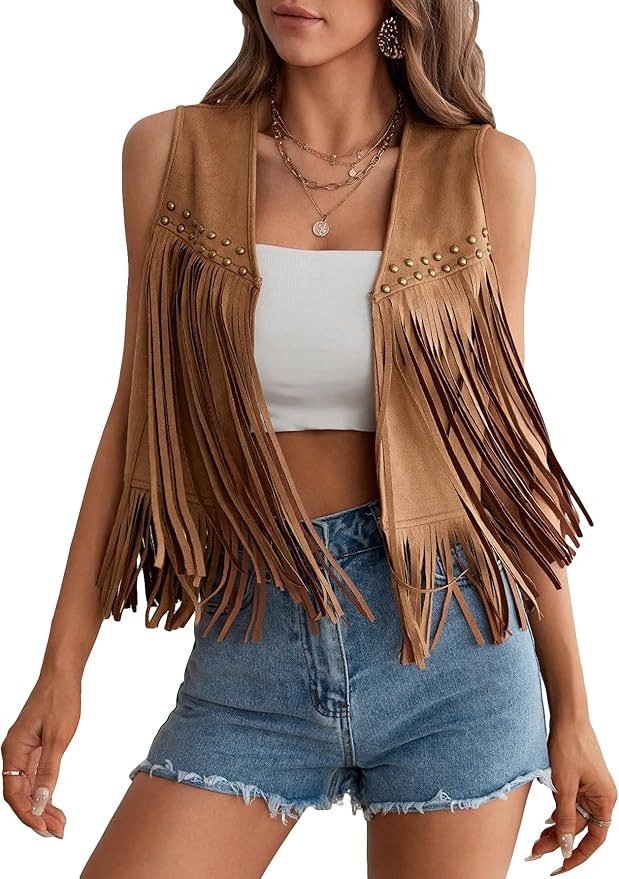 GORGLITTER Women's Tassel Fringe Sleeveless Vest Suede 70s Hippie Cowgirl Country Concert Western... | Amazon (US)