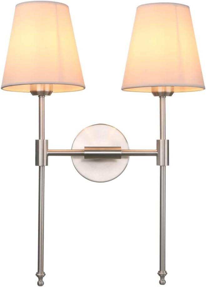 PERMO Industrial Double Sconce Large 2-Lights Wall Sconce with Flared White Textile Lampshade and... | Amazon (US)