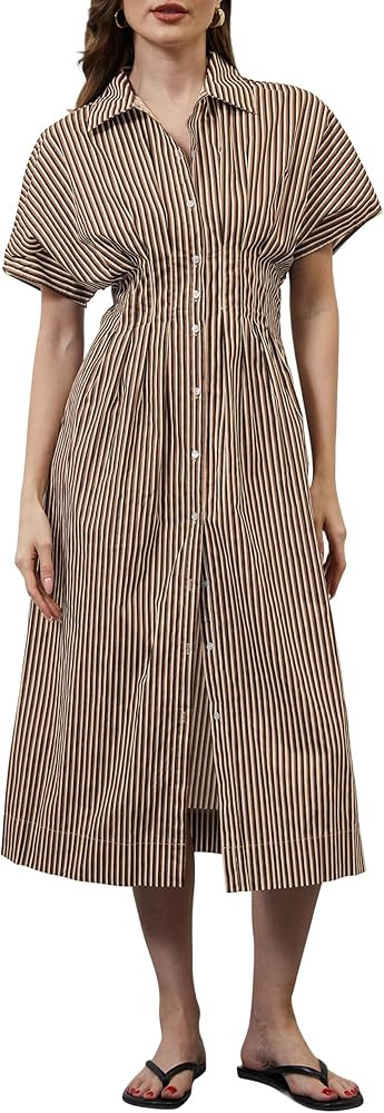 Women Button Front Pleated Shirt Maxi Dress Summer Striped Prints Short Sleeve Collar Casual Long... | Amazon (US)