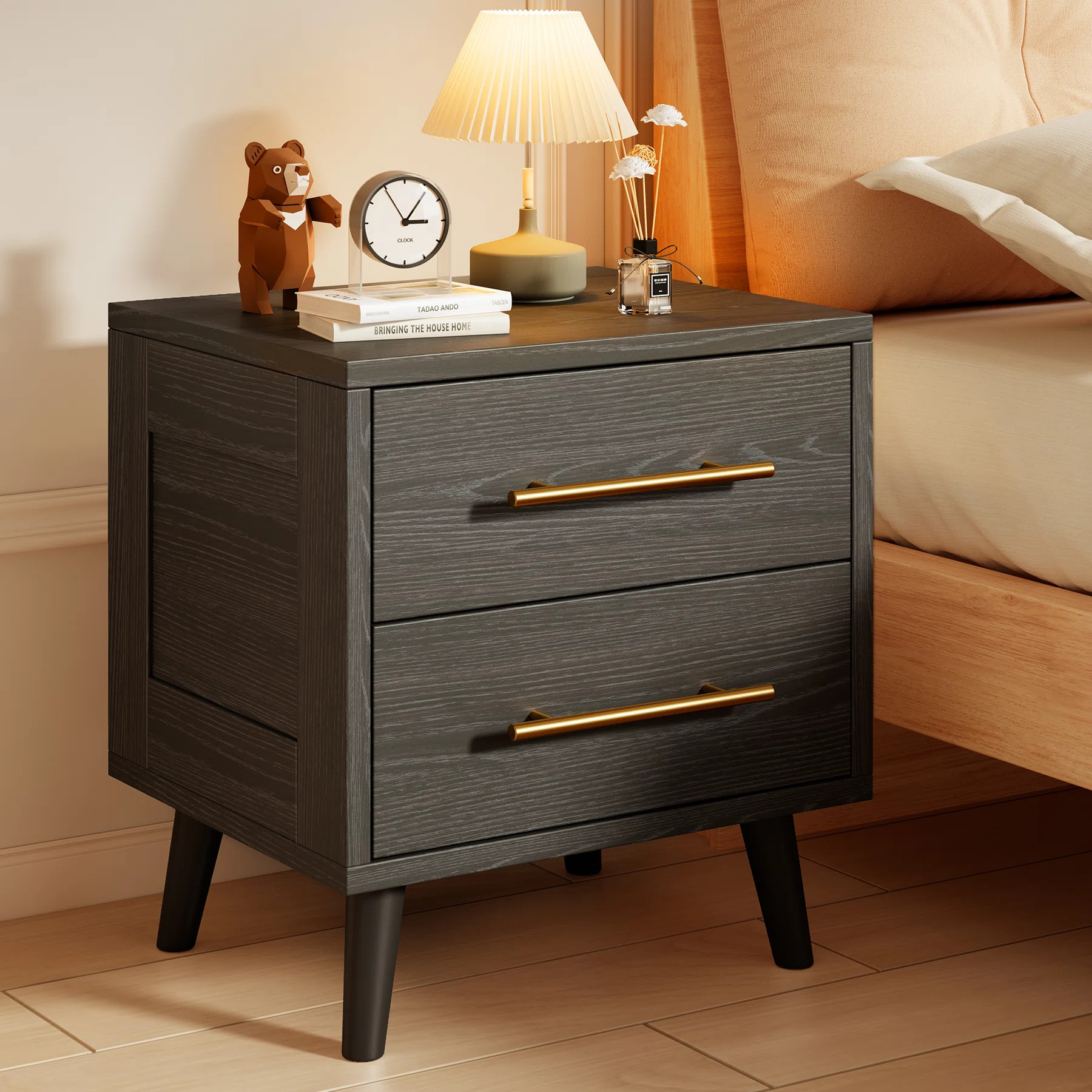 George Oliver Janitza 2 Drawer 17.7'' W Mid-Century Modern Nightstand with Metal Handles and Tape... | Wayfair North America