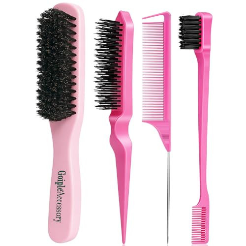 Boar Bristle Slick Back Hair Brush for Smooth Flyaways, Frizz, Sleek Ponytail, Buns and Edge Baby Hair, Teasing | Hair Comb, Edge Brush, Teasing Brush Styling Accessories for Kids, Women & Men (Pink) | Amazon (US)