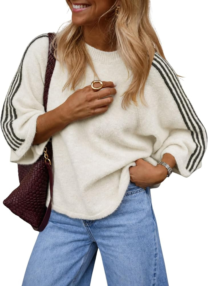 Daacee Women Oversized Striped Sweater Short Sleeve Pullover Knit Top | Amazon (US)