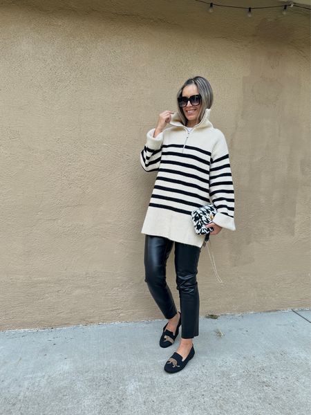 The striped half zip sweater is so good and finally back in stock in some sizes.
I’m wearing so small and it runs naturally oversized, but I love oversized fit with leggings or slim pants.
Leather pants are true size, I’m wearing size 4 regular. They are slightly cropped.
I’m 5’5” 122 lbs 

Washable flats are true to size 

Fall fashion fall outfits fall outfit fashion over 40 fashion over 50 minimalistic style mom fashion. Work outfit faux leather pants H&M finds
Minimal style over 40
 

#LTKmidsize #LTKfindsunder50 #LTKover40