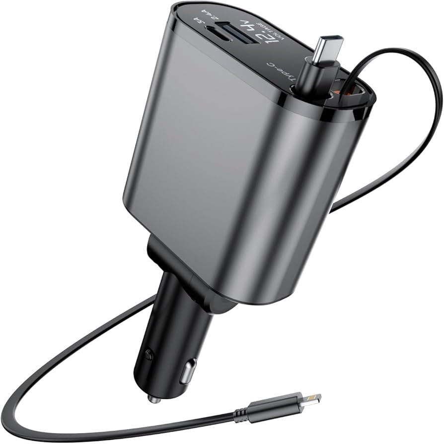 Retractable Car Charger with Dual Retractable Cords, Type-C Cable Fast Charging Up to 100W, 4 in ... | Amazon (US)