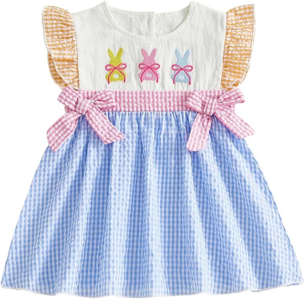 MoZiKQin Toddler Baby Girl Easter Outfit Bunny Embroidery Smocked Dress Ruffle Sleeve Plaid Dress... | Amazon (US)