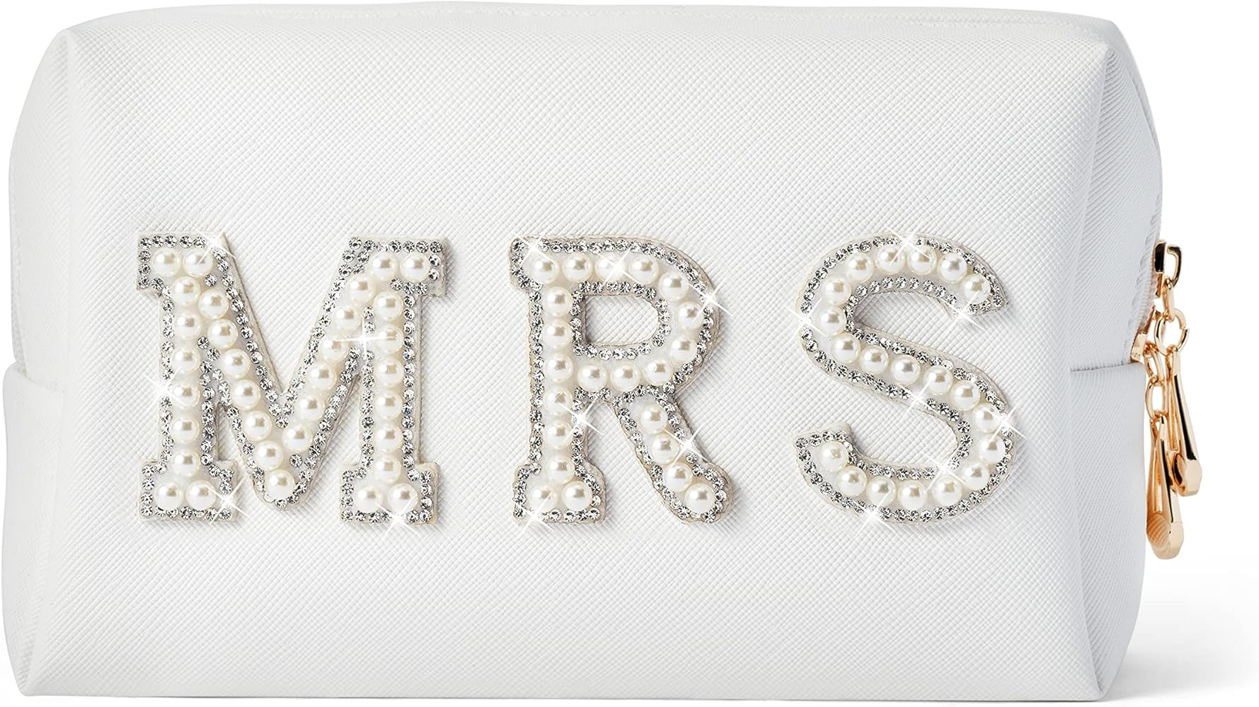 Y1tvei Bride Patch MRS Varsity Letter Cosmetic Toiletry Bag Pearl Rhinestone Letter Patches Bling... | Amazon (US)