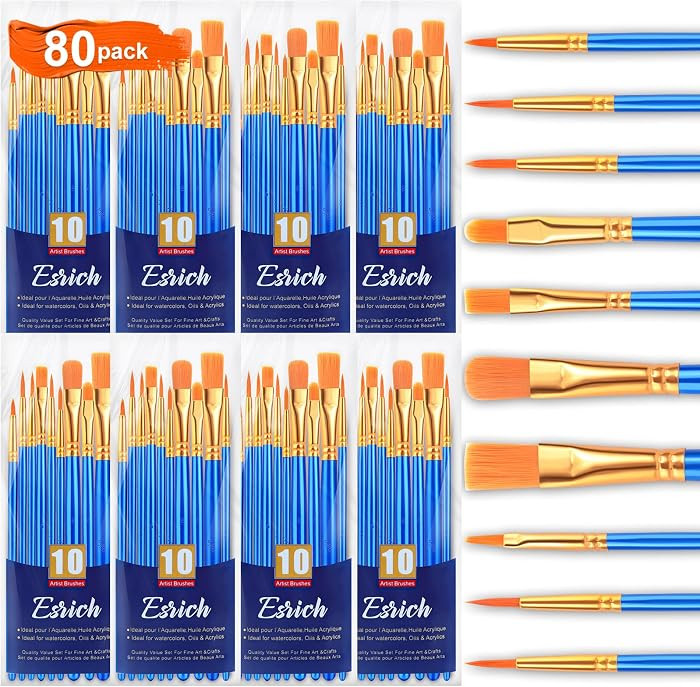 ESRICH Acrylic Paint Brushes Set,8Packs /80 Pcs Nylon Paintbrushes Head, Suitable for Acrylic Oil... | Amazon (US)
