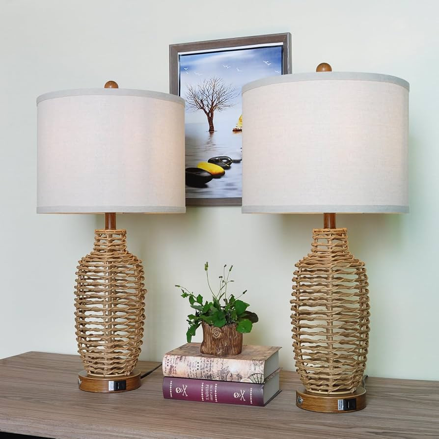 Rattan Table Lamps Set of 2 Wicker Lamps 3 Way Dimmable Touch Control Farmhouse Rustic Coastal La... | Amazon (US)