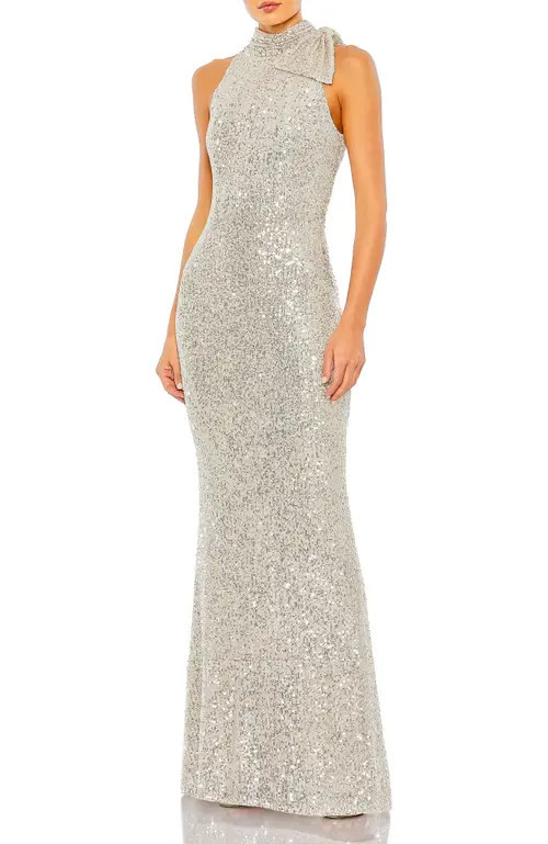 Mac Duggal Sequin Mesh Gown with High Neckline & Statement Shoulder Bow in Nude Silver at Nordstrom, Size 0 | Nordstrom