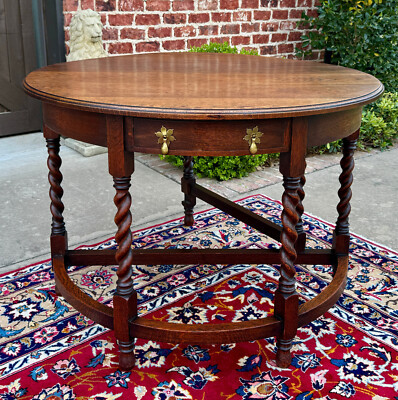 Antique English Demilune Table Drop Leaf Barley Twist w Drawer Oak ROUND 1920-30 | eBay US