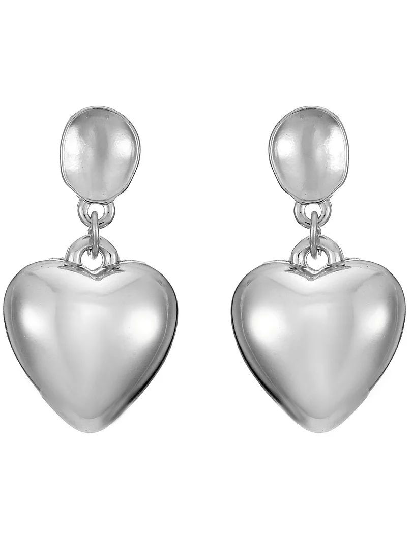 Time and Tru Women's Silver Tone Puffed Heart Drop Earring, 1 Pair | Walmart (US)
