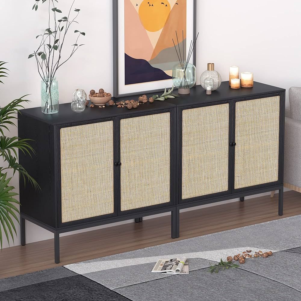 XIAO WEI Sideboard Cabinet with Handmade Natural Rattan Woven Doors, Rattan Cabinet Accent Buffet... | Amazon (US)