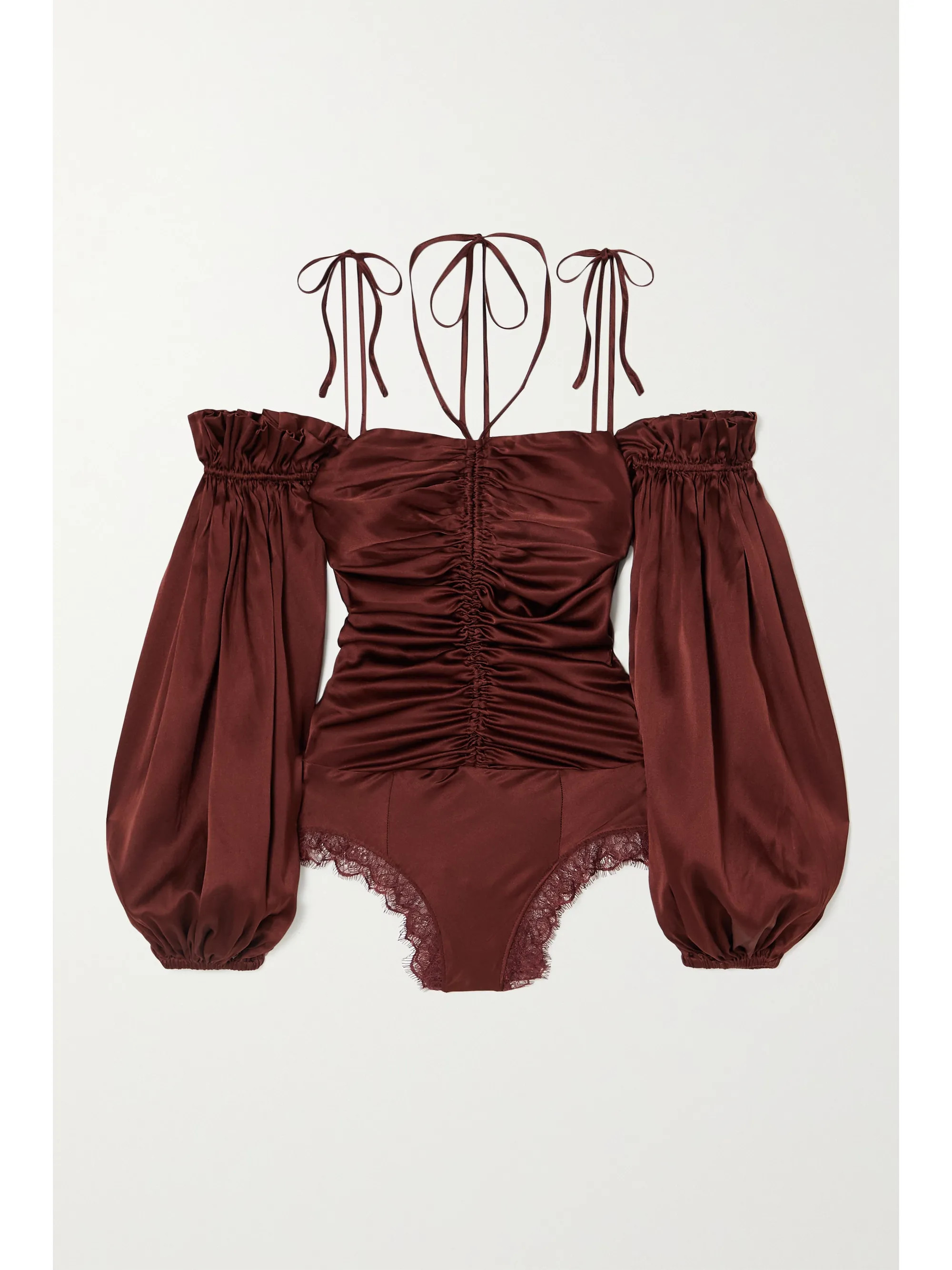 Brown Bronte off-the-shouder lace-trimmed silk-blend satin bodysuit | Sleeping with Jacques | NET... | NET-A-PORTER (UK & EU)