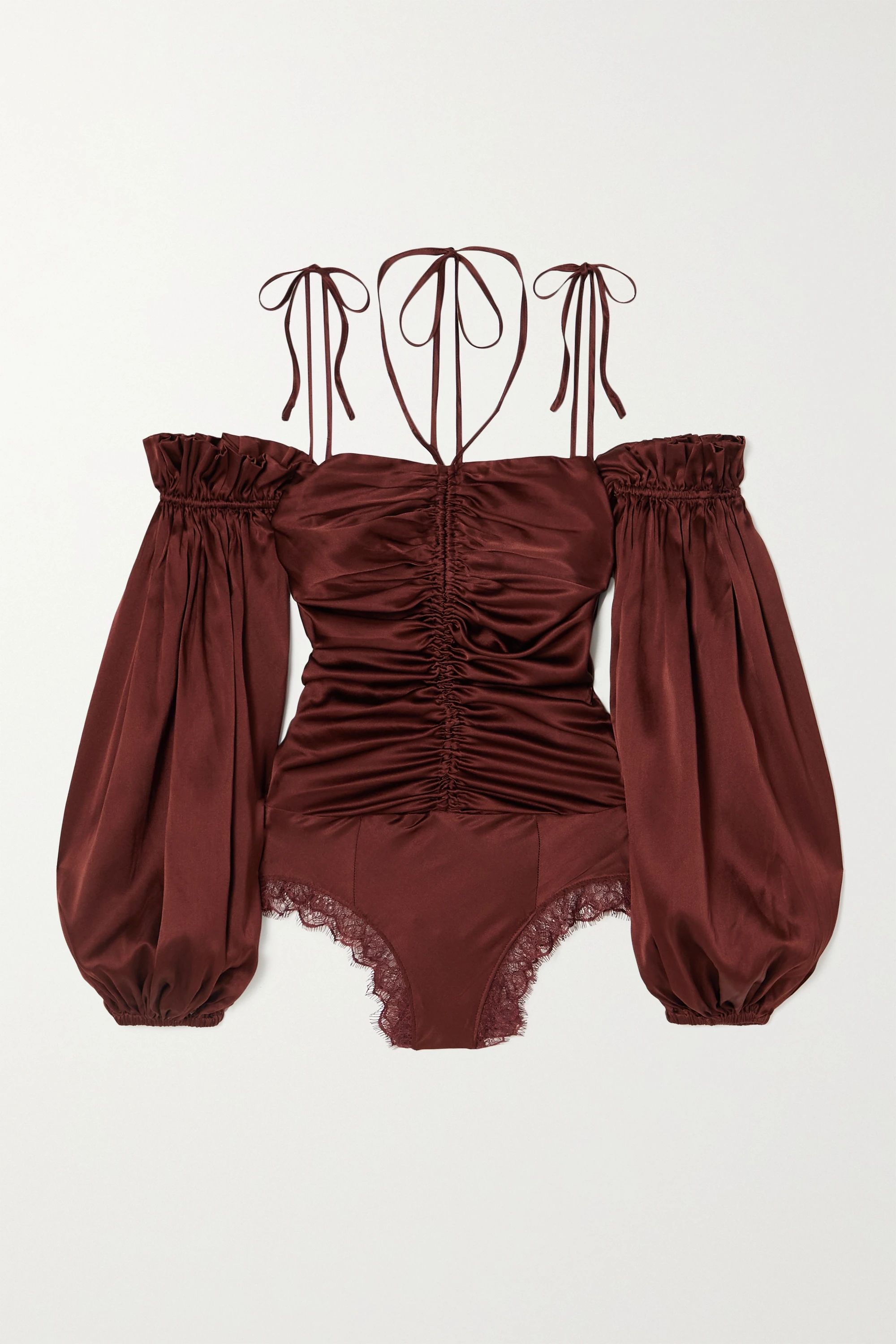 Brown Bronte off-the-shouder lace-trimmed silk-blend satin bodysuit | Sleeping with Jacques | NET... | NET-A-PORTER (UK & EU)