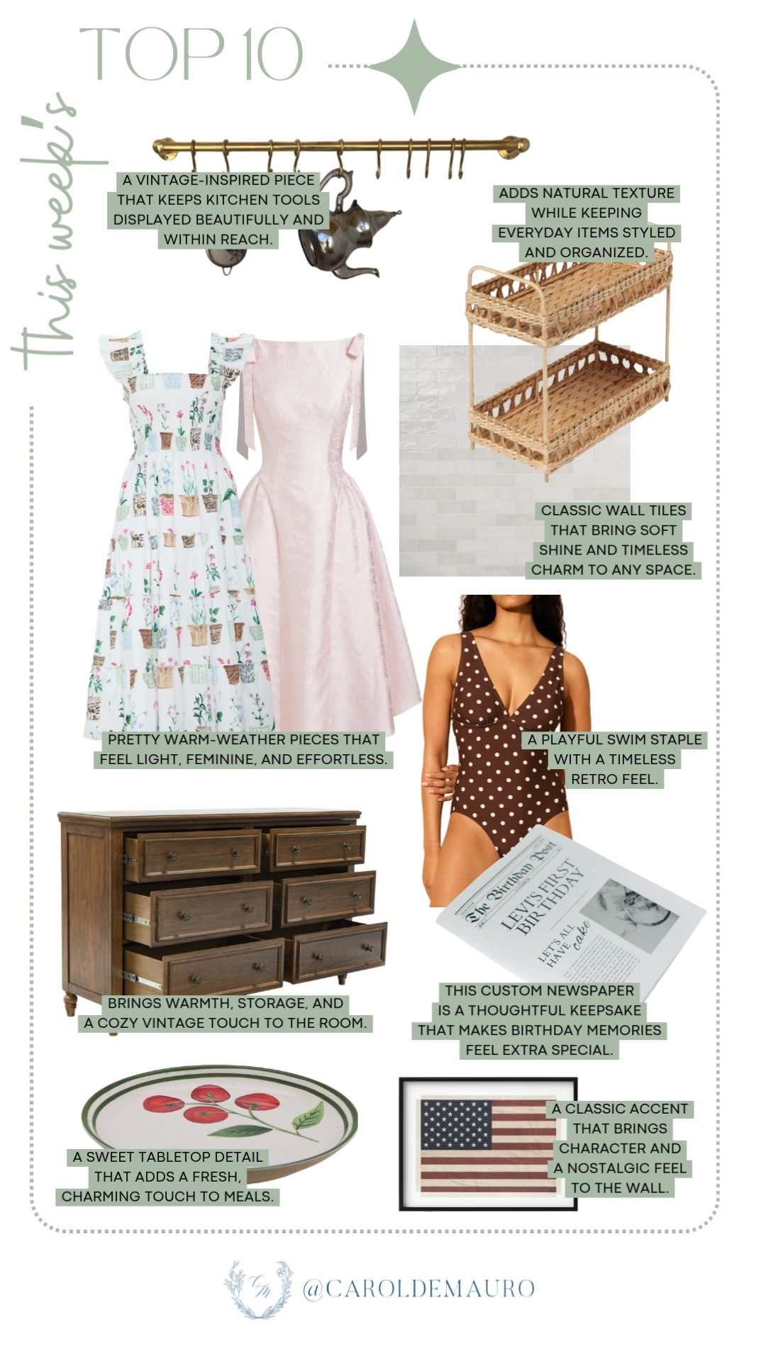 weekly top 10, bestsellers, follower favorites, summer dresses, home organizers, polka dot one piece swimsuit, brass railing with hooks, woven home decor, console cabinet, dinnerware, custom newspaper invitation, patriotic decor, ceramic tiles, entryway furniture

#LTKootd #LTKHome #LTKU