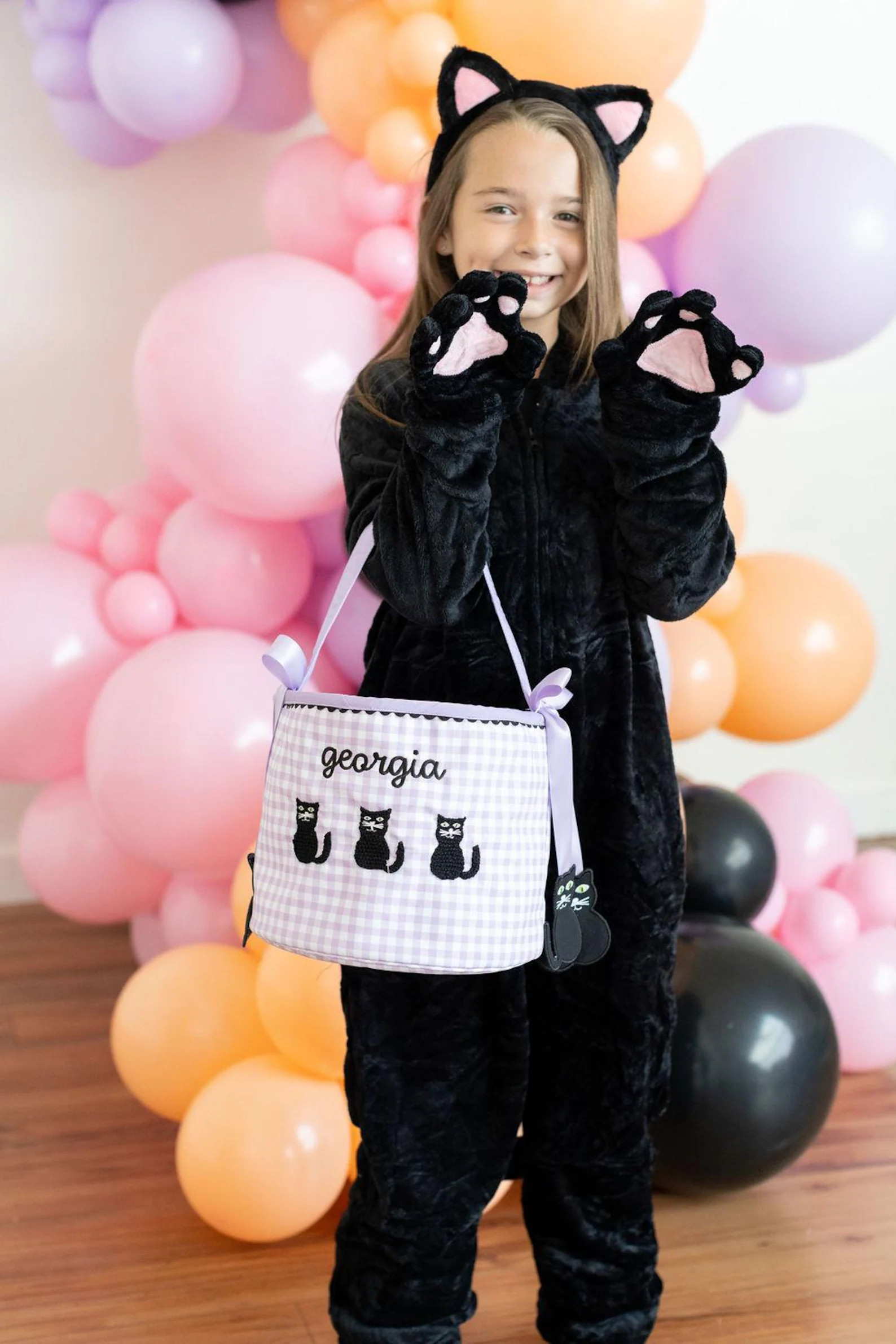 Girls Purple Gingham Trick or Treat Bag with cats, Boo Bag w/ Spooky Cats and Bag Charms; Embroid... | Etsy (Global)