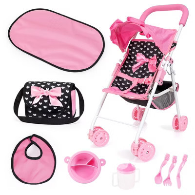 Bayer: Buggy Doll Stroller Set - Black, Pink, Hearts - Stroller w/Matching Shoulder Bag, Changing Mat & Feeding Accessories | Target