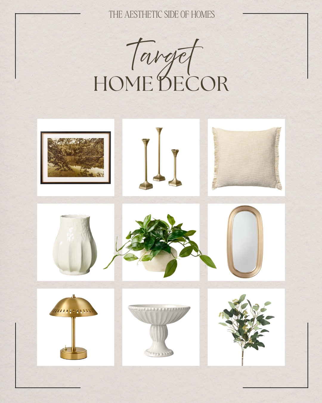 Target home decor includes wall art, candlestick holders, throw pillow, mirror, faux greenery stems, vase, table lamp, decorative bowl, faux plant. 

Home decor, looks for less, home accents, neutral home

#LTKHome #LTKSeasonal #LTKvlog