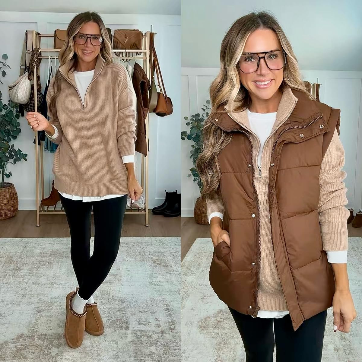 I love this puffer vest! Perfect for layering over my favorite tops. Paired with these comfy designer inspired slippers, it's the ultimate cozy outfit.  I’m 5’6 139lbs in a size medium 3/4 zip sweater, small leggings, small white top, & medium vest 

 #LTKootd #LTKmomlife #LTKFindsUnder50