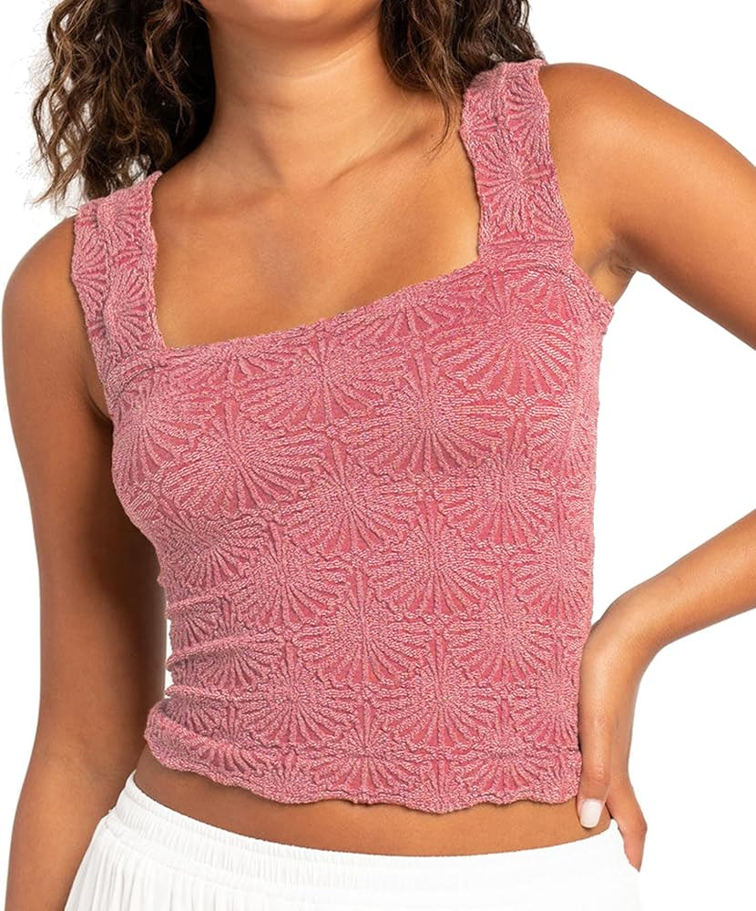 Women's Square Neck Wide Strap Crop Tank Tops Flower Going Out Tops Slim Fit Lettuce Trim Crop Ca... | Amazon (US)