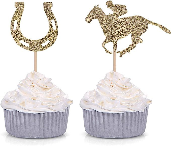 24 Kentucky Derby Cupcake Toppers Equestrian Horse Theme Party Picks Gold Glitter Party Supply | Amazon (US)