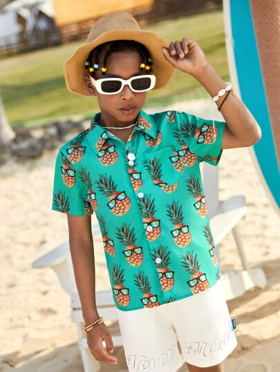 SHEIN SLAYR KIDS SLAYR KIDS Tween Boys Fruit Graphic Loose Woven Vacation Short Sleeve Shirt | SHEIN