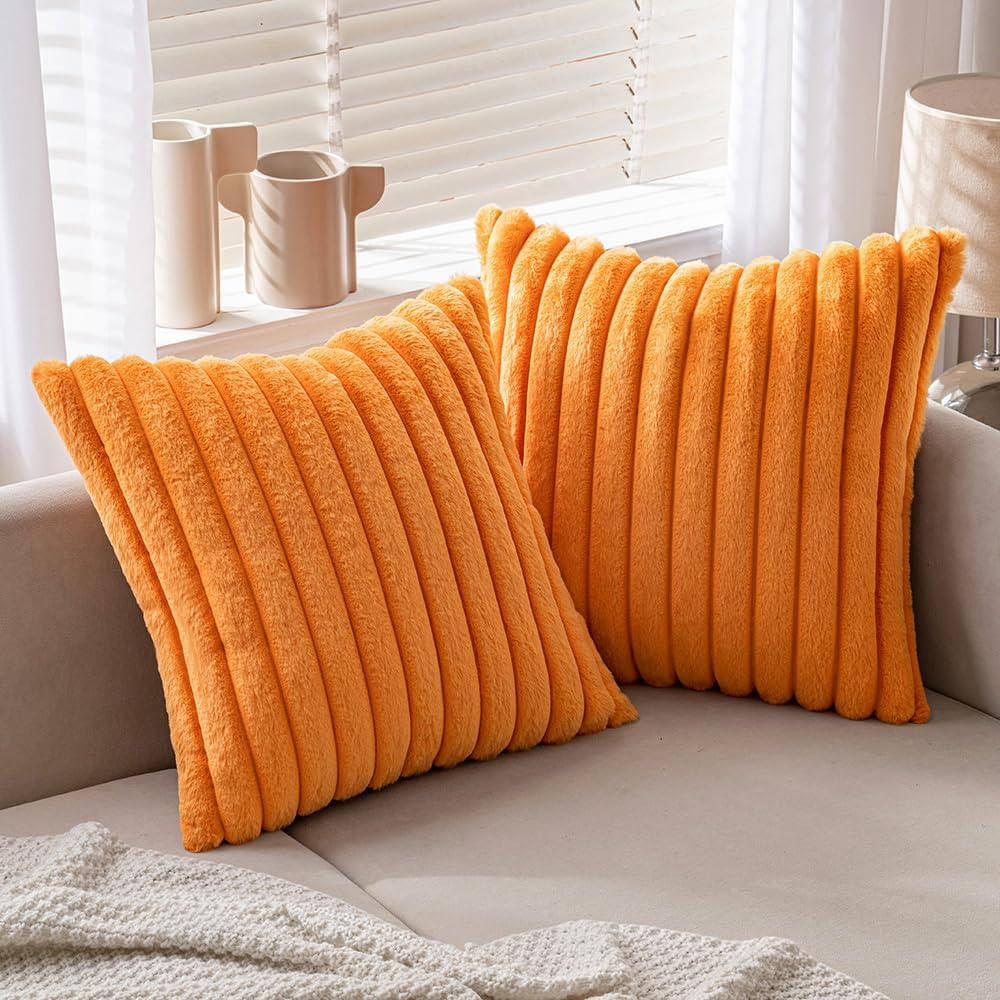 MIULEE Orange Fall Throw Pillow Covers 18x18 Inch Set of 2 Fuzzy Striped Soft Pillowcase with Vel... | Amazon (CA)
