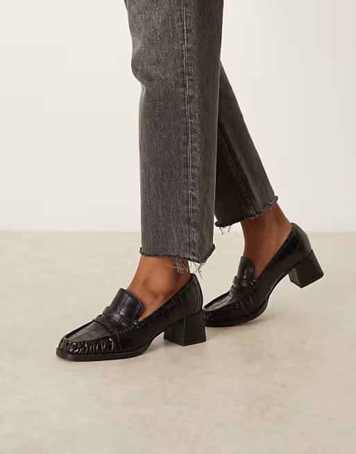 ASOS DESIGN Siren mid heel loafers in black croc | ASOS | ASOS (Global)