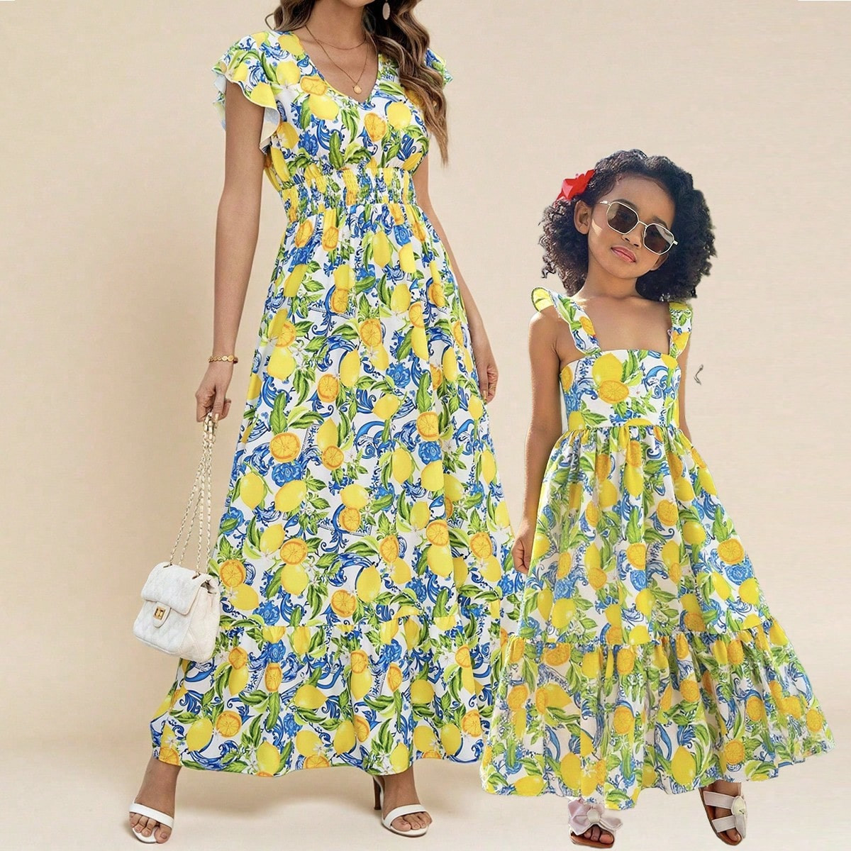 SHEIN Young Girl Lemon Print Ruffle Sleves Long Dress , Summer Vacation,Mom And Daughter & Sisters Matching Style ,Matching Family Vacation , Holidays,Beach Vacation, Lemon Print Dress For Girls, Girls Summer Dress | SHEIN