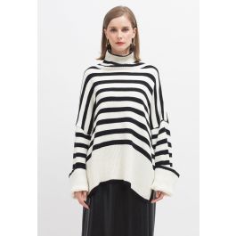 Striped Oversize Flare Sleeve Turtleneck Knit Sweater in White | Chicwish