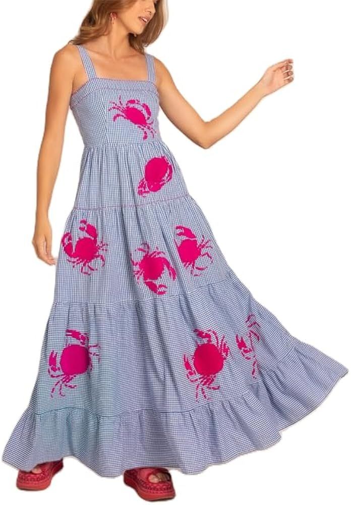 Womens Graphic Maxi Dress Printed Spaghetti Strap Long Dress 2024 Ruffle Casual Flowy Beach Sundr... | Amazon (US)