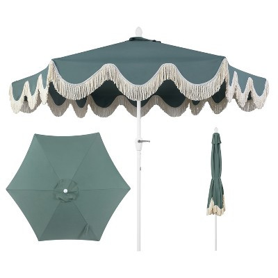 JONATHAN Y Collins 9 ft. Bohemian Fringe Outdoor Patio Umbrella w/ Crank Lift & Tilt, Green Scall... | Target