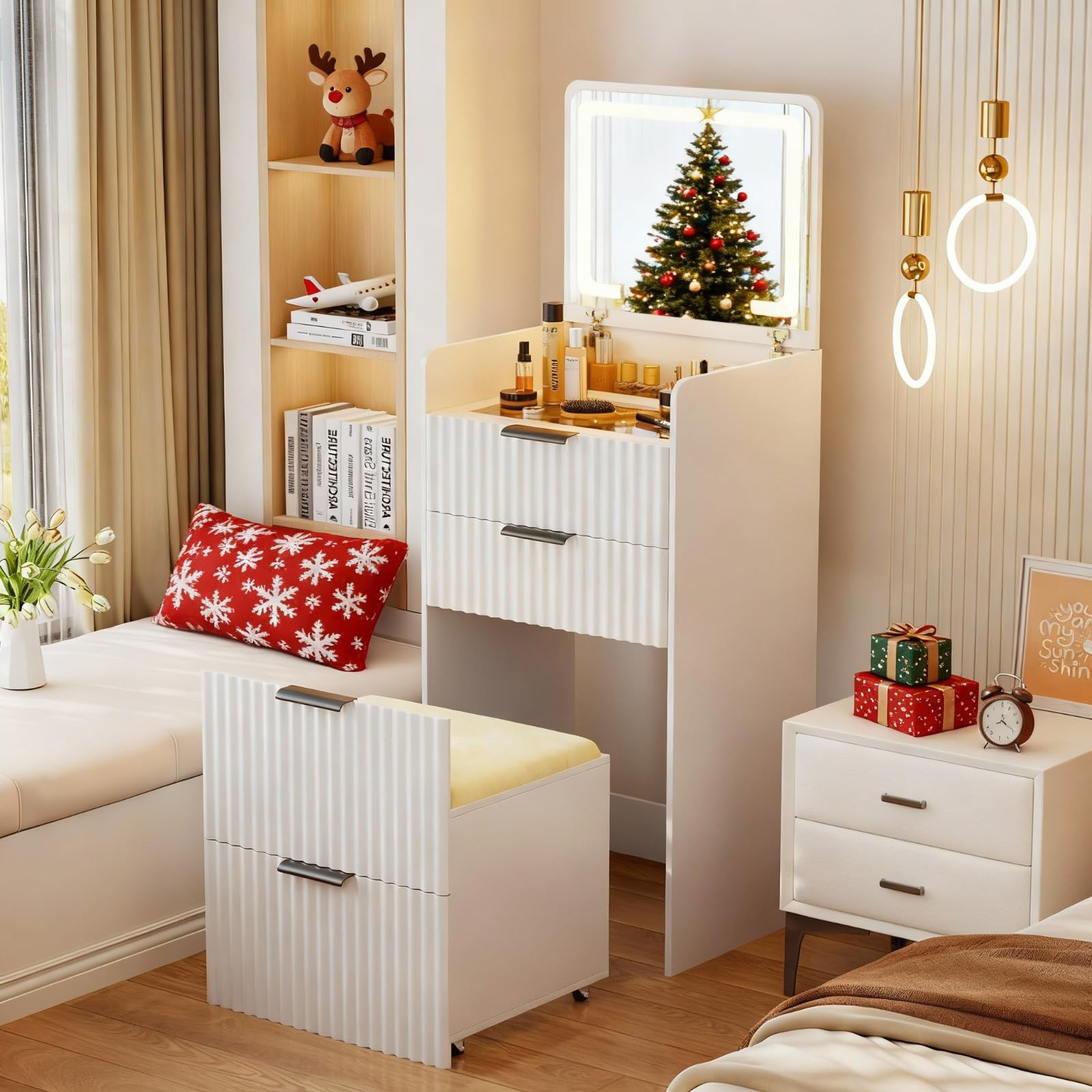 Lvifur 3 in 1 Small Vanity Desk with Plip Top Mirror,Makeup Vanity Set with Visible Glass Desktop... | Amazon (US)