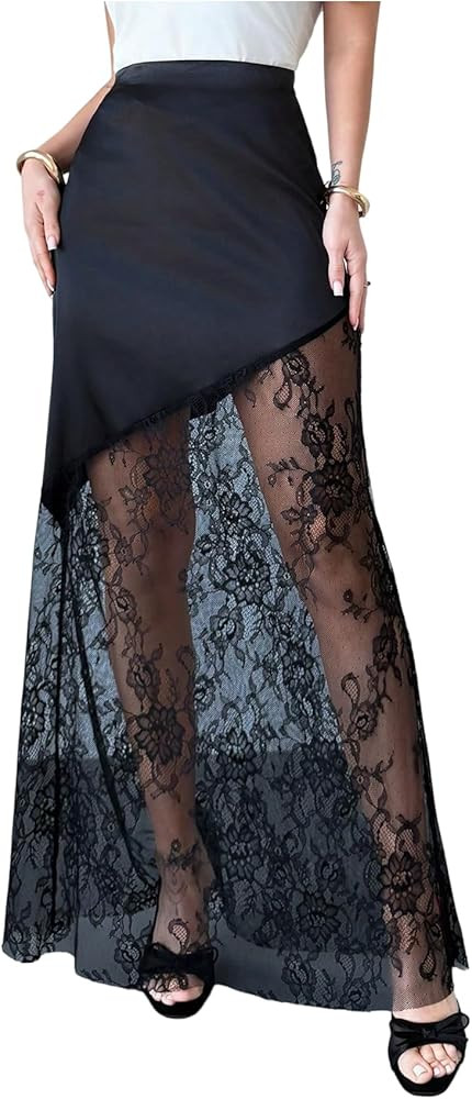 SOLY HUX Women's Y2k Satin Lace Maxi Skirt Sheer Silk Party Long Skirts | Amazon (US)