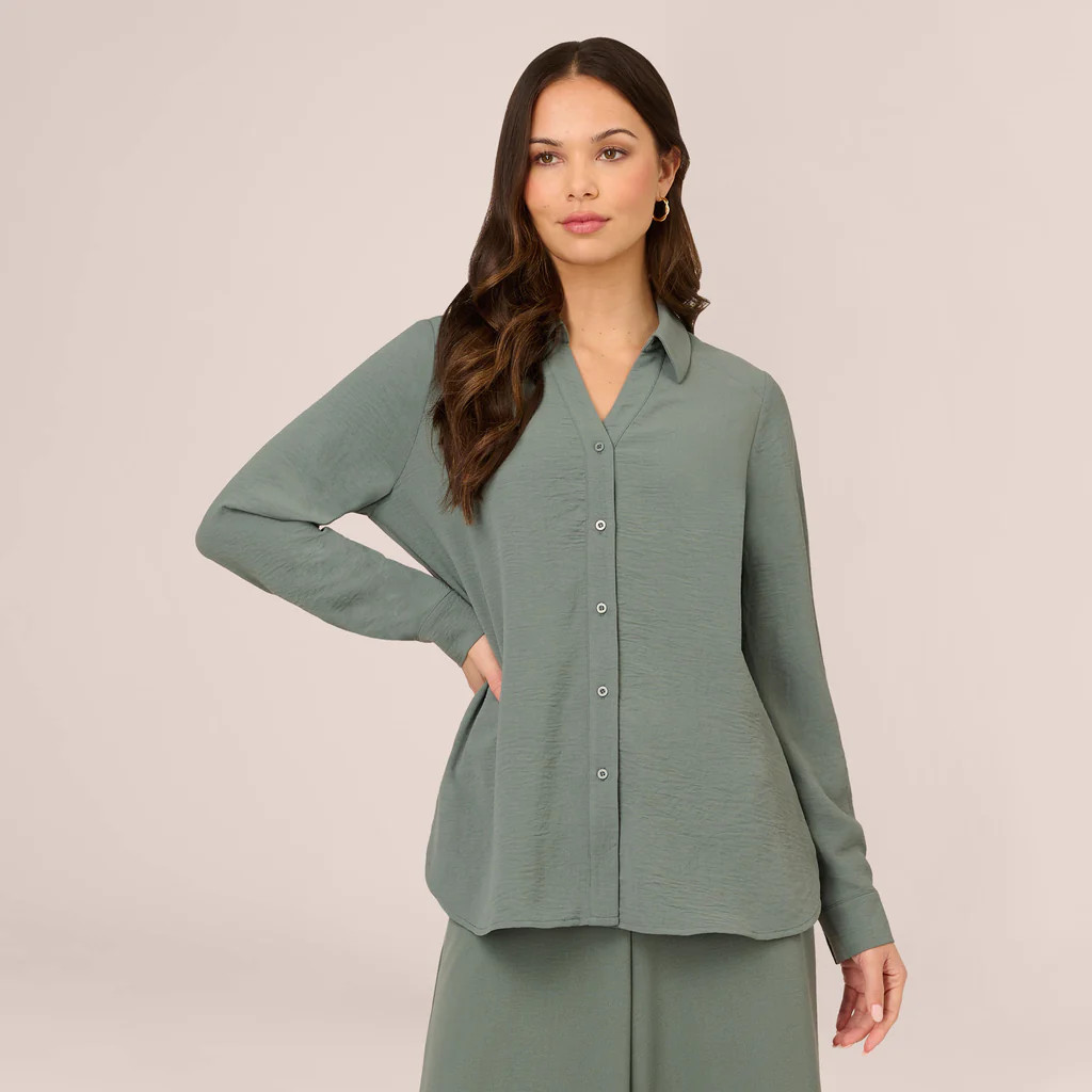 Texture Woven Button Up Shirt With Long Sleeves In Dusty Seafoam | Adrianna Papell