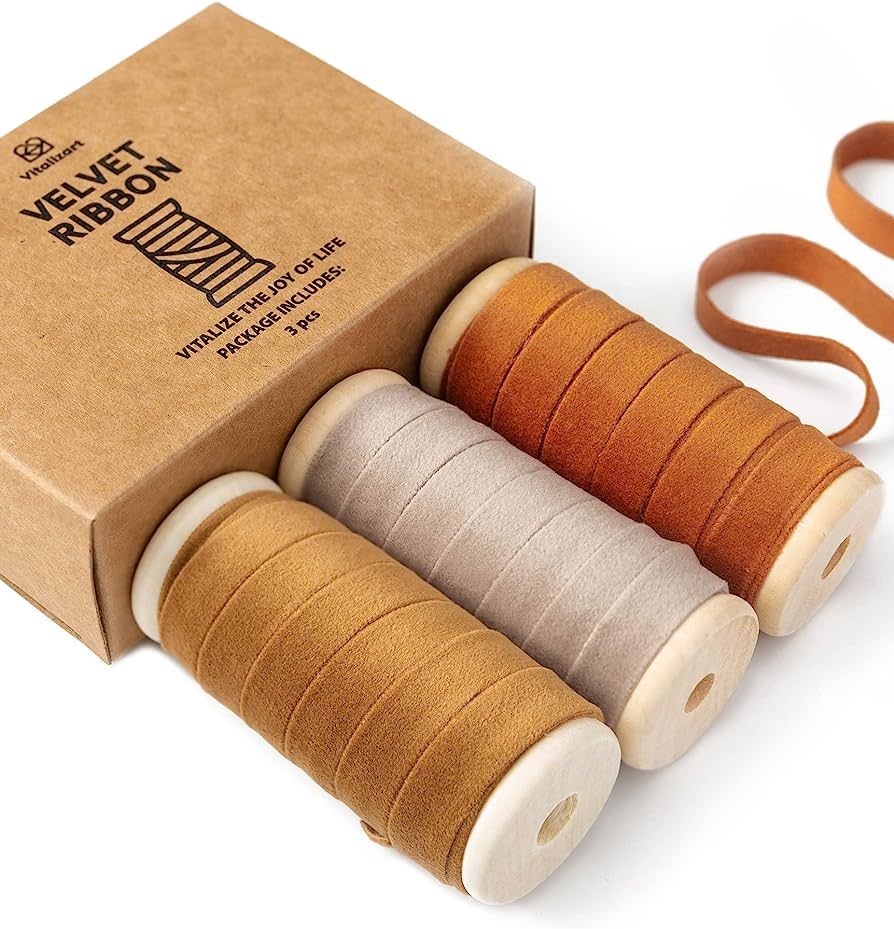Amazon.com: Vitalizart Fall Velvet Ribbon Set 3/8"" x 15Yd Wooden Spool Fabric Trim Eco-Friendly ... | Amazon (US)