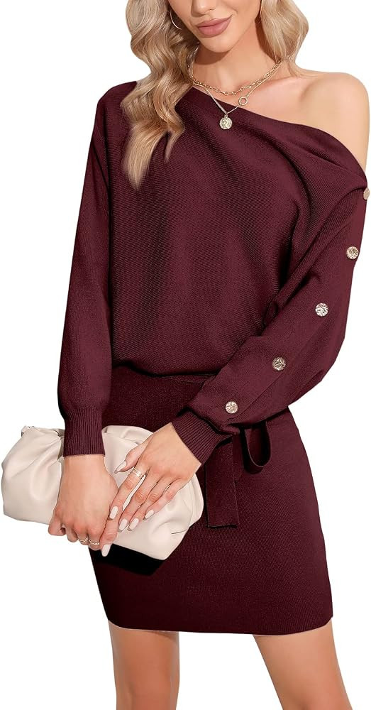 EXLURA Womens Off Shoulder Sweater Dresses Boat Neck Long Sleeve Knitted Tie Wasit Bowknot Pullov... | Amazon (US)