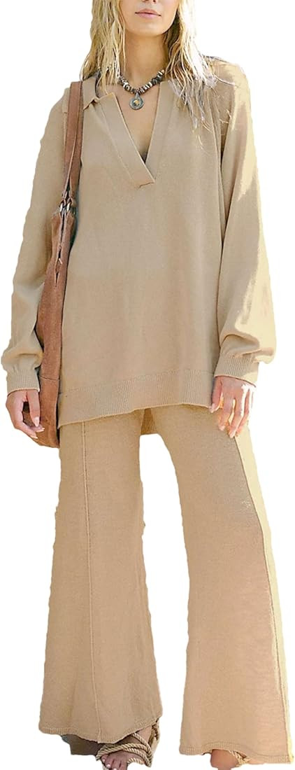 Womens Two Piece Sets Casual Long Sleeve V Neck Knit Pullover Top Wide Leg Pants Sweatsuit Lounge... | Amazon (US)