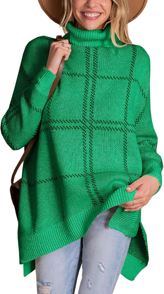 Langwyqu Womens Turtleneck Long Sweaters Chunky Striped Side Split Tunic Sweater Cozy Winter Knit... | Amazon (US)